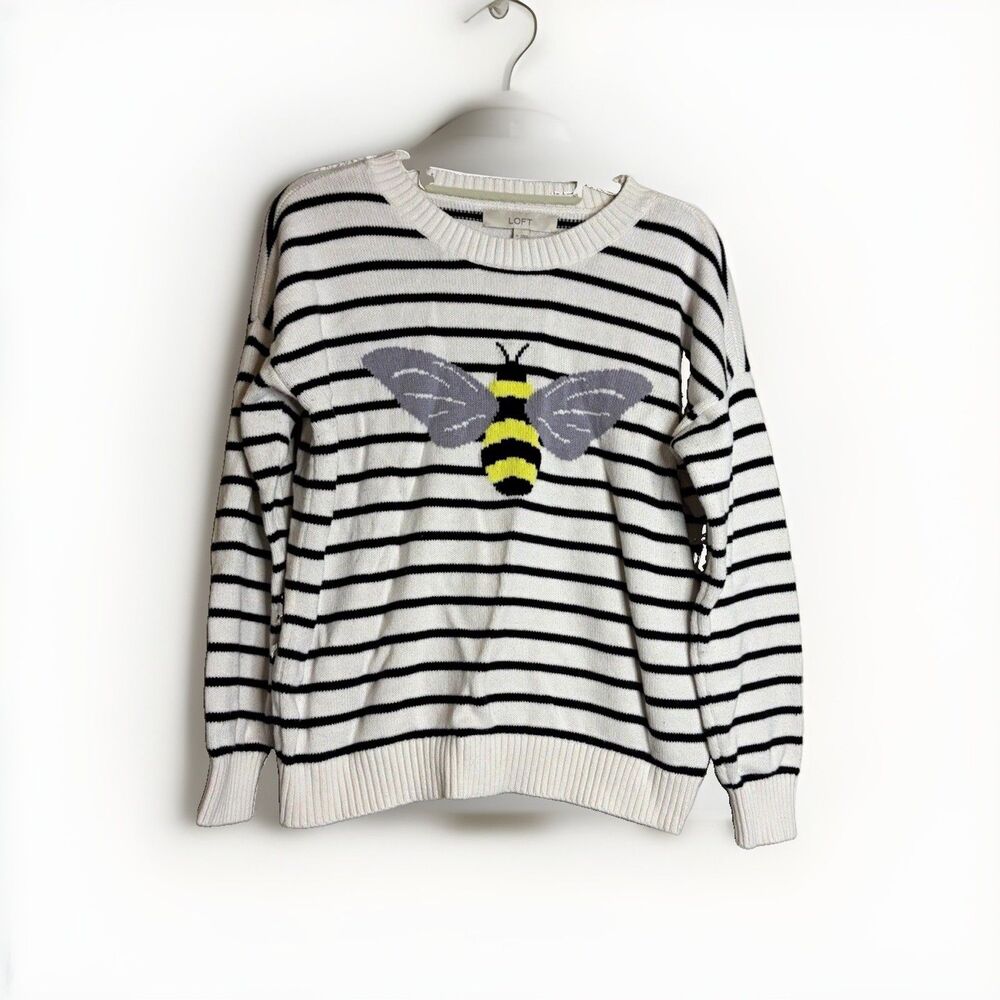LOFT Womens Size M White Black Striped Bee Knit Crew Neck Long Sleeve Sweater